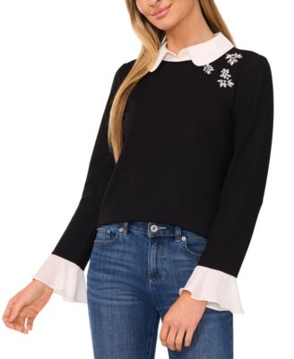 CeCe - Women's Embellished Collared Layered-Look Top