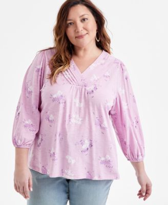 Style & Co - Plus Size Printed Pintuck V-Neck Blouse