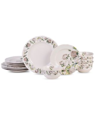 222 Fifth - Luxe Peony Neutral Porcelain 12 Pc. Dinnerware Set, Service for 4