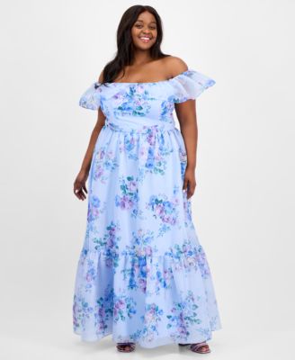 B Darlin - Trendy Plus Size Off-The-Shoulder Floral-Print Gown