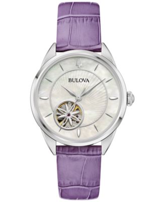 Bulova - Women's Automatic Purple Leather Strap Watch 34.5mm