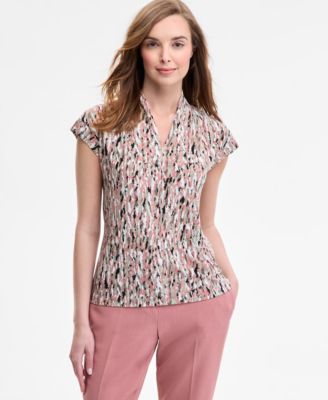 Kasper - Women's Printed V-Neck Cap-Sleeve Blouse