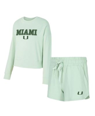 Concepts Sport - Women's Light Green Miami Hurricanes Elevation Tri-Blend Long Sleeve Top and Short, Set of 2
