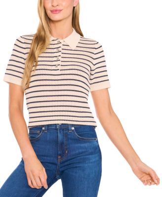 CeCe - Women's Striped Short-Sleeve Polo Sweater