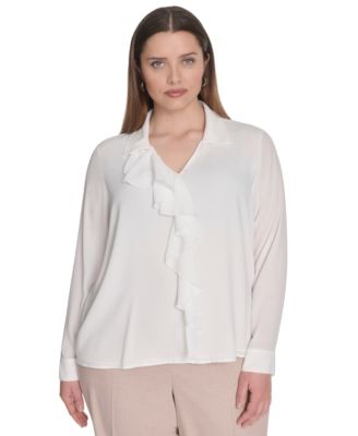 Calvin Klein - Plus Size Georgette Long-Sleeve Ruffle-Front Blouse