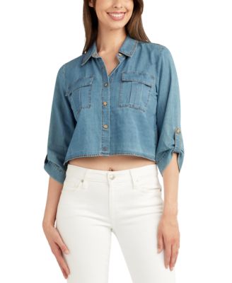 BCX - Juniors' Denim Cropped Utility Shirt